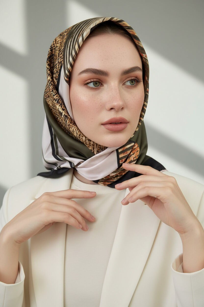 Twill Dalgalı Geometrik Desenli Haki Renkli 90x90 Eşarp (İpek İçermez) Kenar Dikiş Şekli El Dikişli