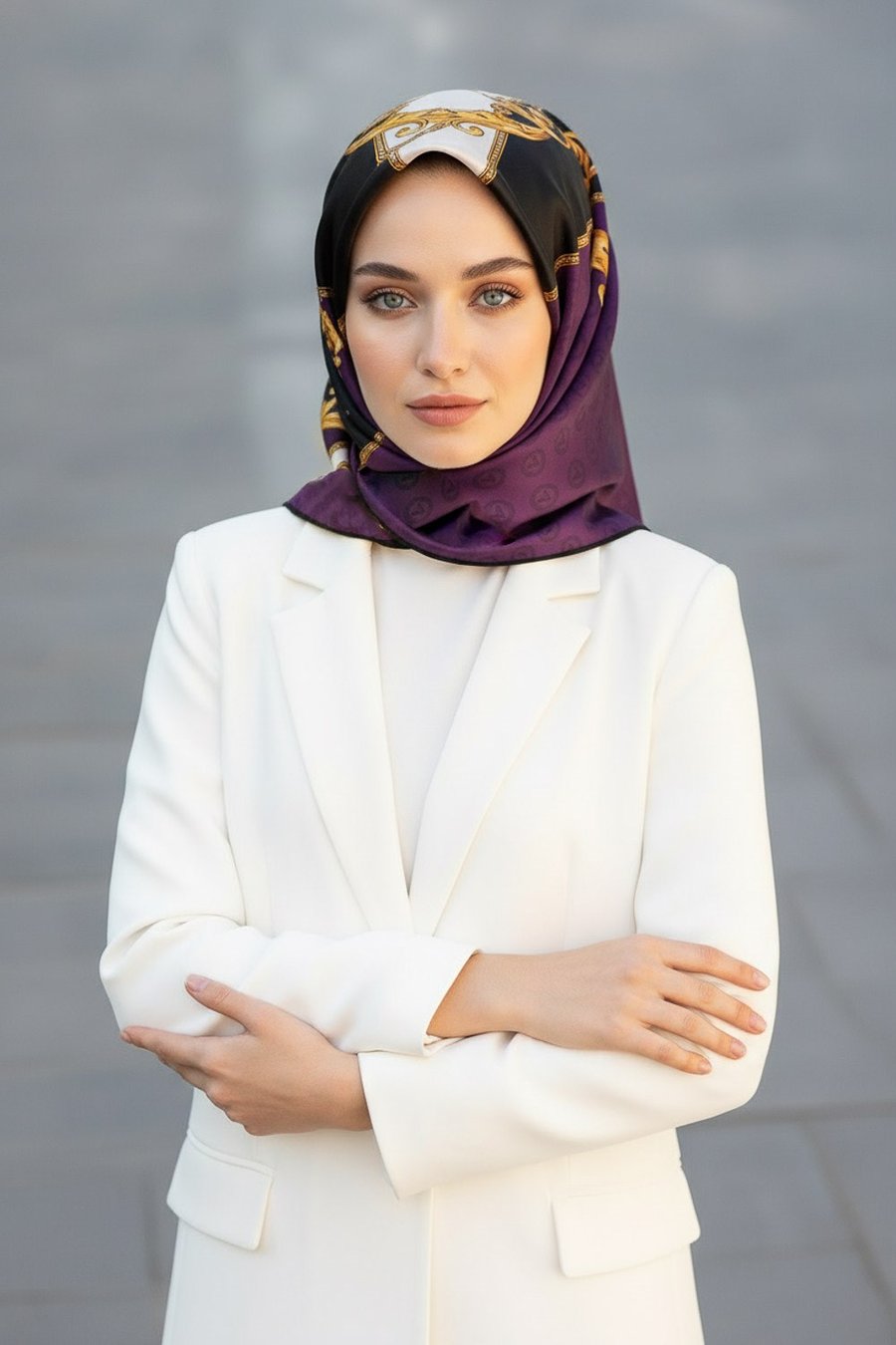 %100 Twill İpek Monogram Ve Barok Desenli Mürdüm - Siyah Renkli 90x90 Eşarp Dikim Şekli : El Dikişi