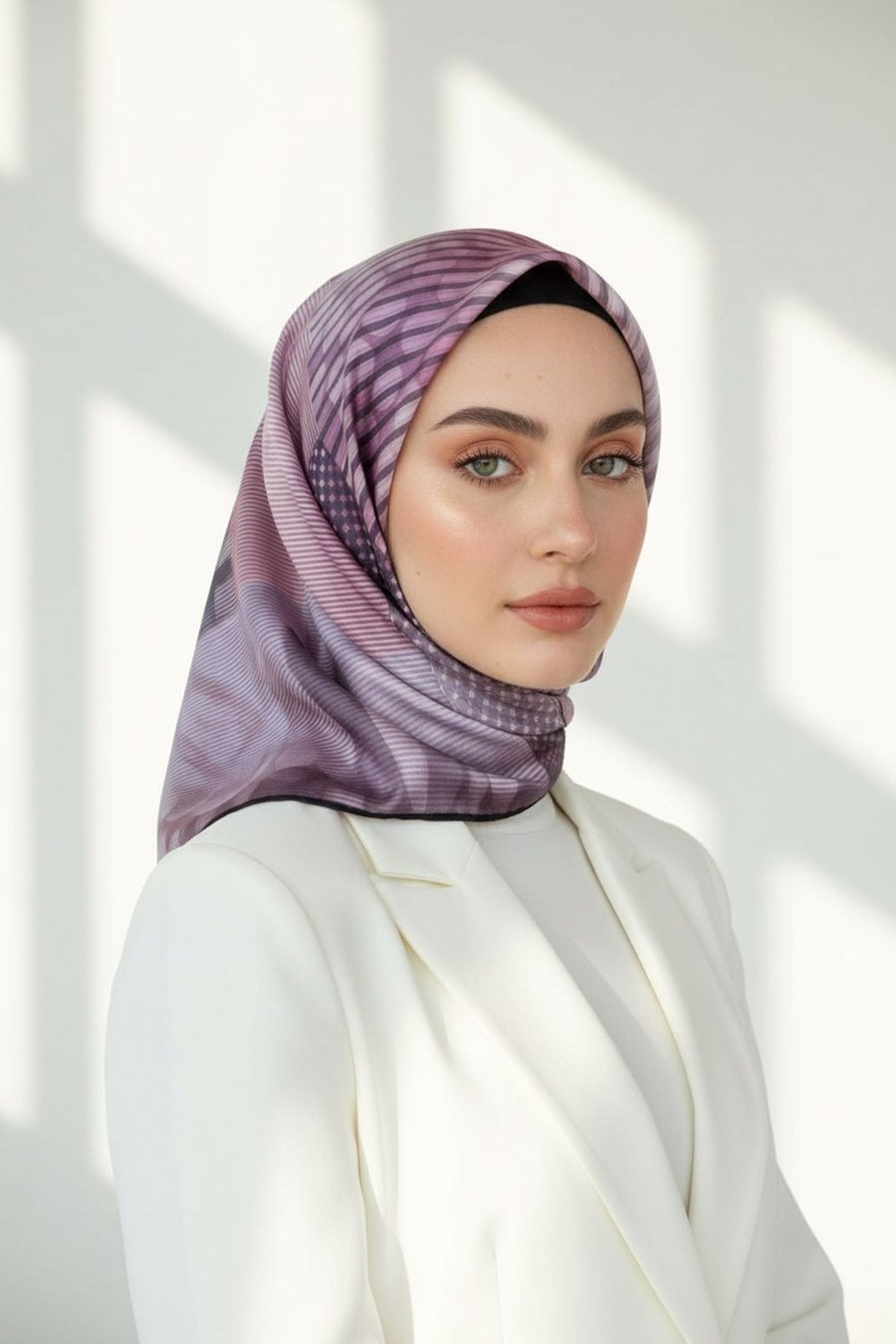 Twill Geometrik Desenli Lila Renkli 90x90 Eşarp (İpek İçermez) Kenar Dikiş Şekli El Dikişli