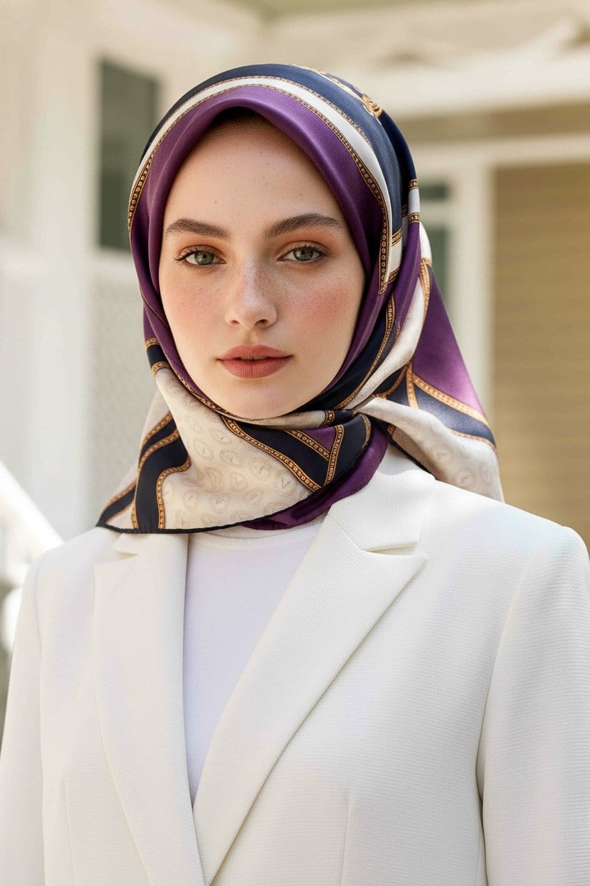 %100 Twill İpek Monogram ve Barok Desenli Lila - Lacivert Renkli 90x90 Eşarp Dikim Şekli : El Dikişi