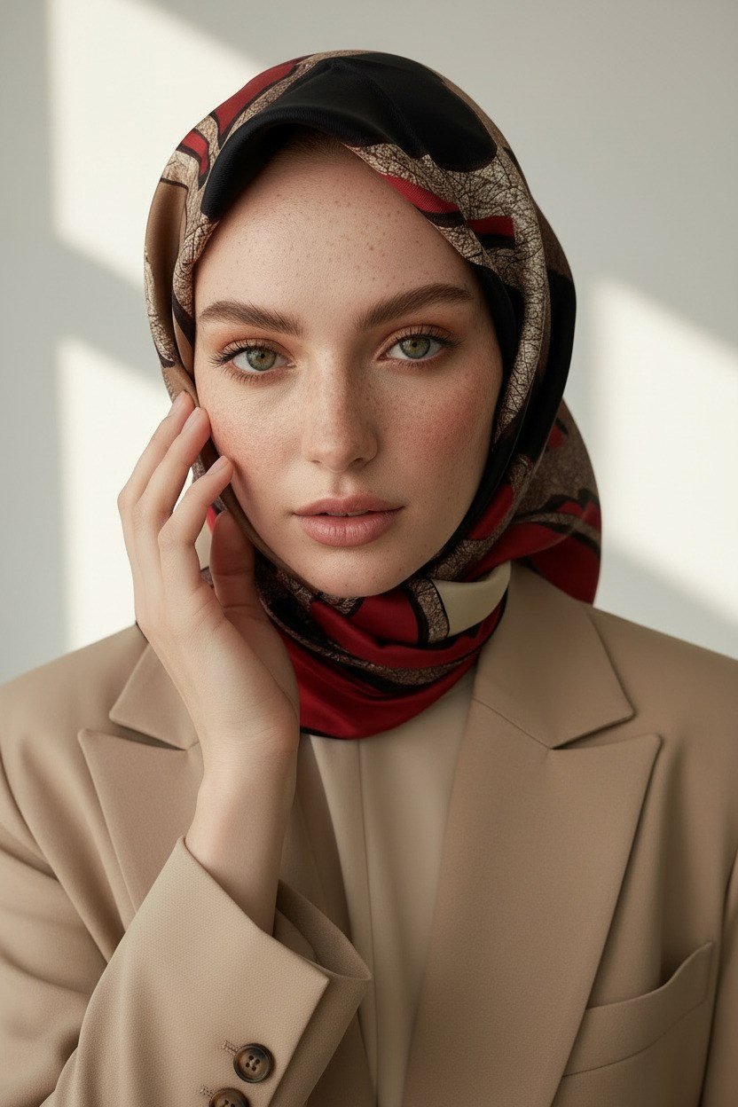 % 57 İPEK % 43 VİSKON Twill İpek Gold Efektli Geometrik Desenli Bordo - Siyah Renkli 90x90 Eşarp Dikim Şekli : El Dikişi