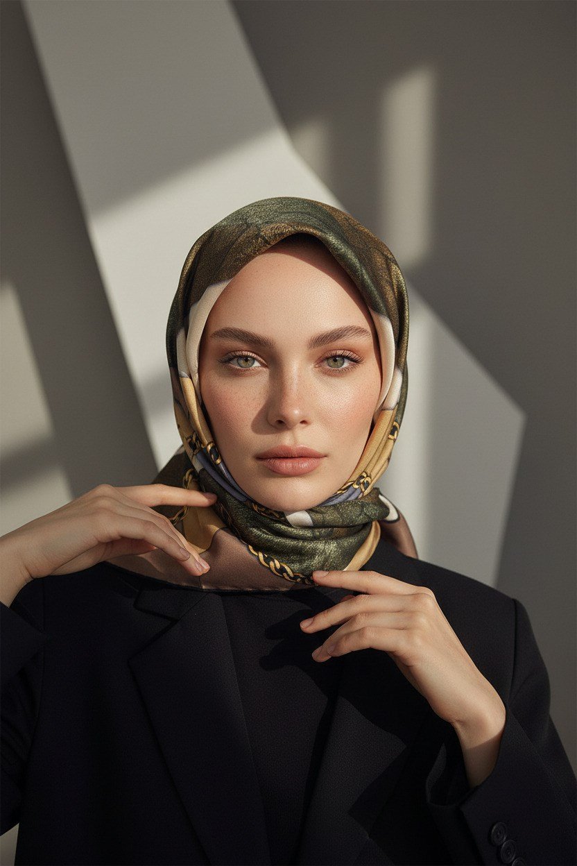%100 Twill İpek Taş Efekti Desenli Gri - Siyah Renkli 90x90 Eşarp Dikim Şekli : El Dikişi