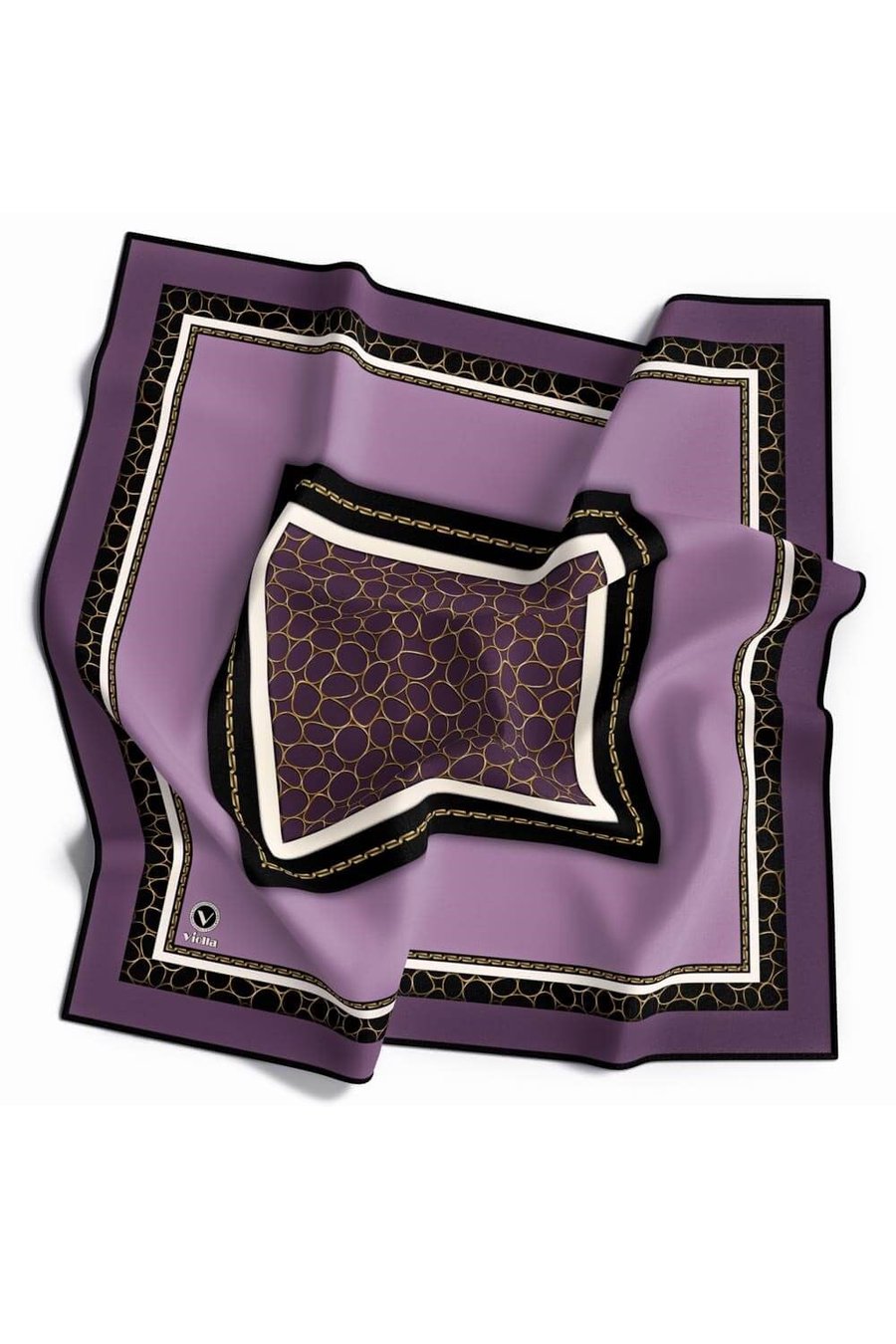 Twill Zincir Desenli Lila Renkli 90x90 Eşarp (İpek İçermez) Kenar Dikiş Şekli El Dikişli