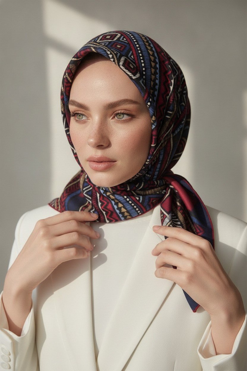 %100 Twill İpek Etnik Desenli Lacivert - Bordo  Renkli 90x90 Eşarp Dikim Şekli : El Dikişi