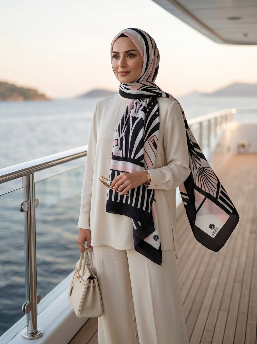 %100 Saf İpek Şal İnce Saten Vual Dokuma Yelpaze Desenli Pudra - Siyah Renkli 90x210 Şal