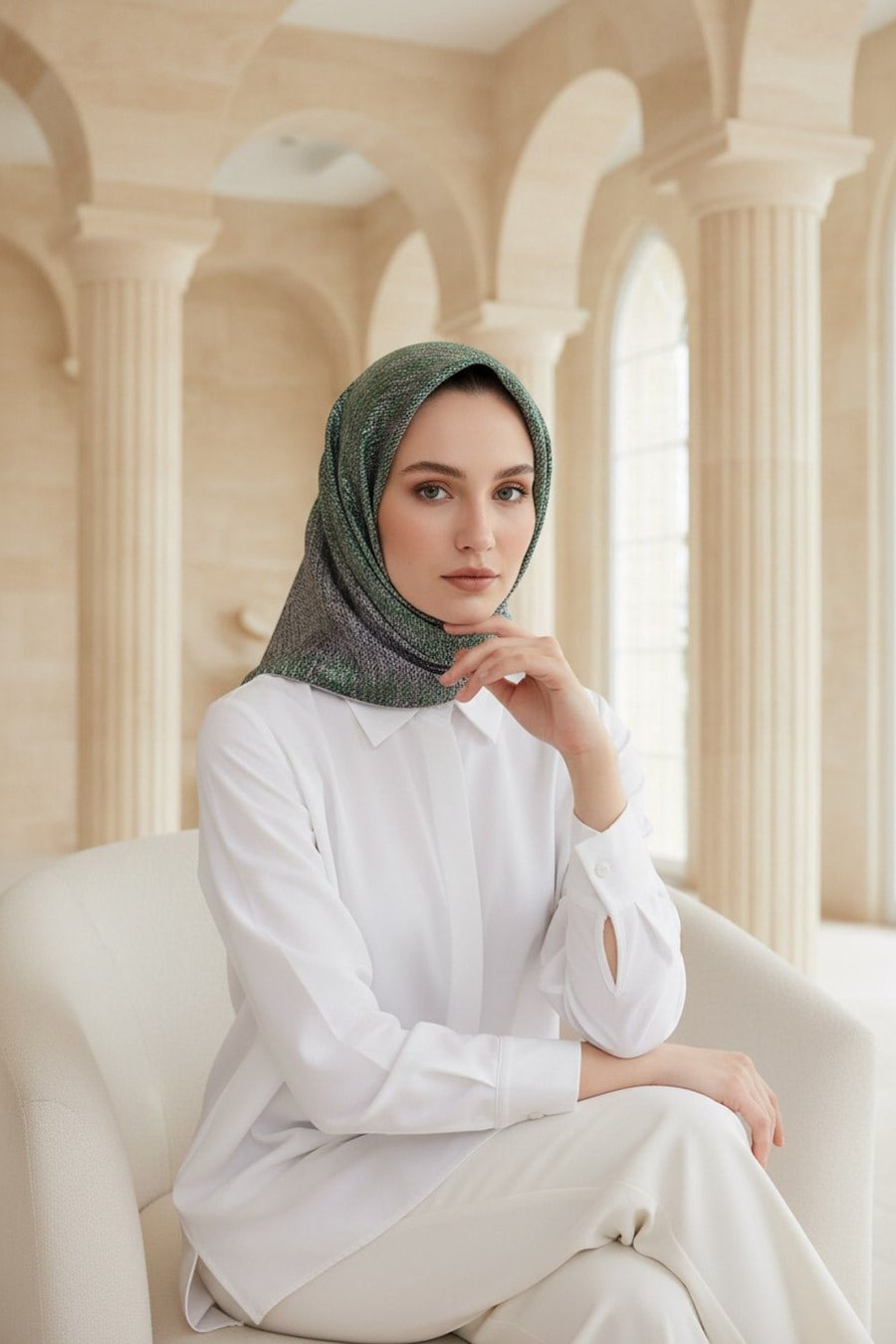 %100 Twill İpek Dokulu Desen Benetton Yeşili - Sütlü Kahve Renkli 90x90 Eşarp Kenar Dikiş Şekli El Dikişli