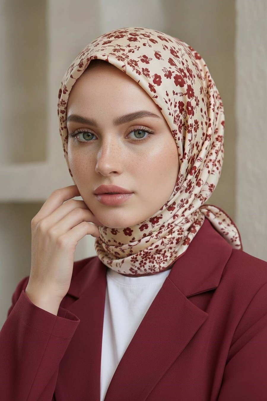 %100 Twill İpek Çıtır Çiçek Desenli Krem - Bordo Renkli 90x90 Eşarp Dikim Şekli : El Dikişi