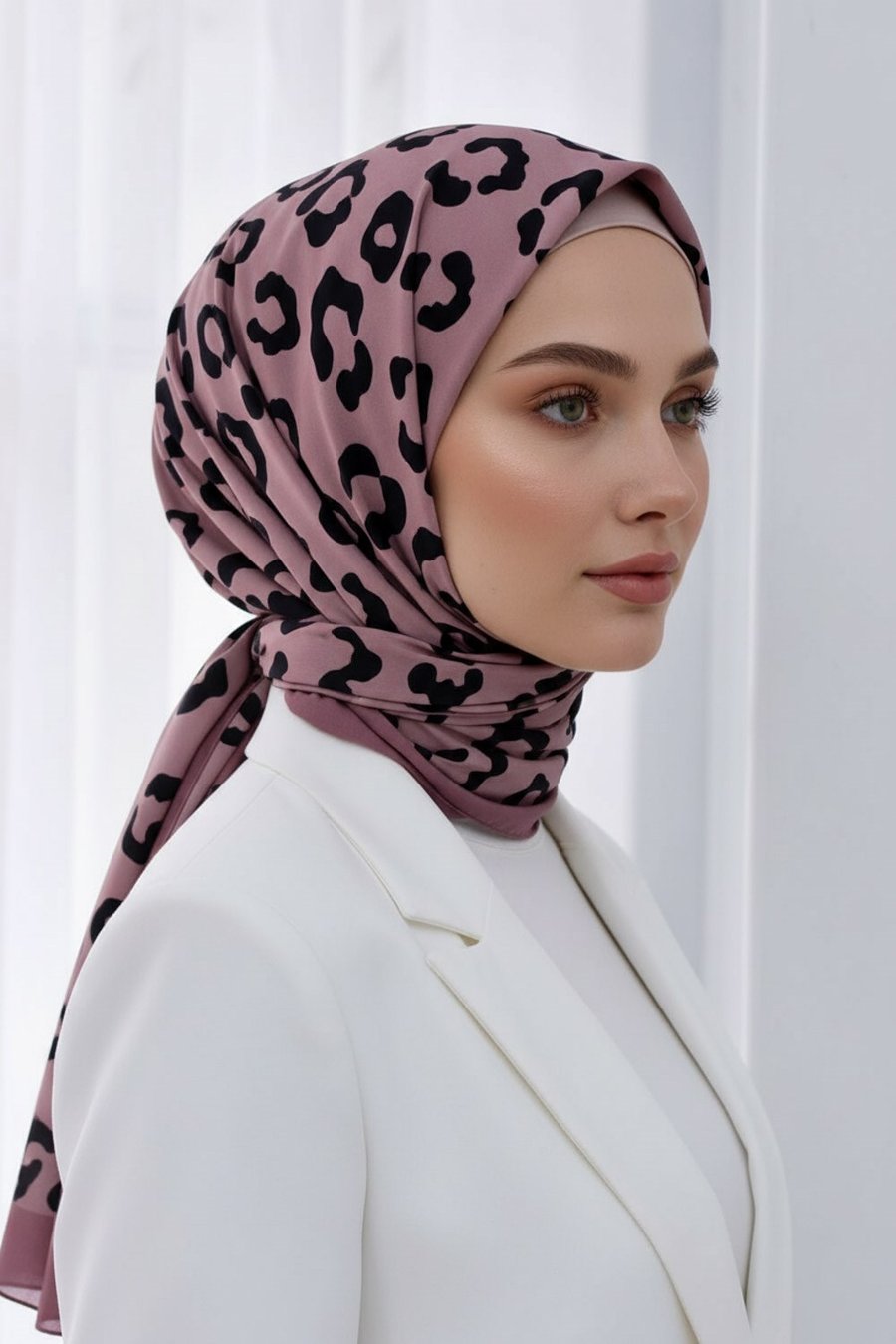 KREP LEOPAR DESENLİ PUDRA RENKLİ 75X195 KIRIŞMAZ ŞAL