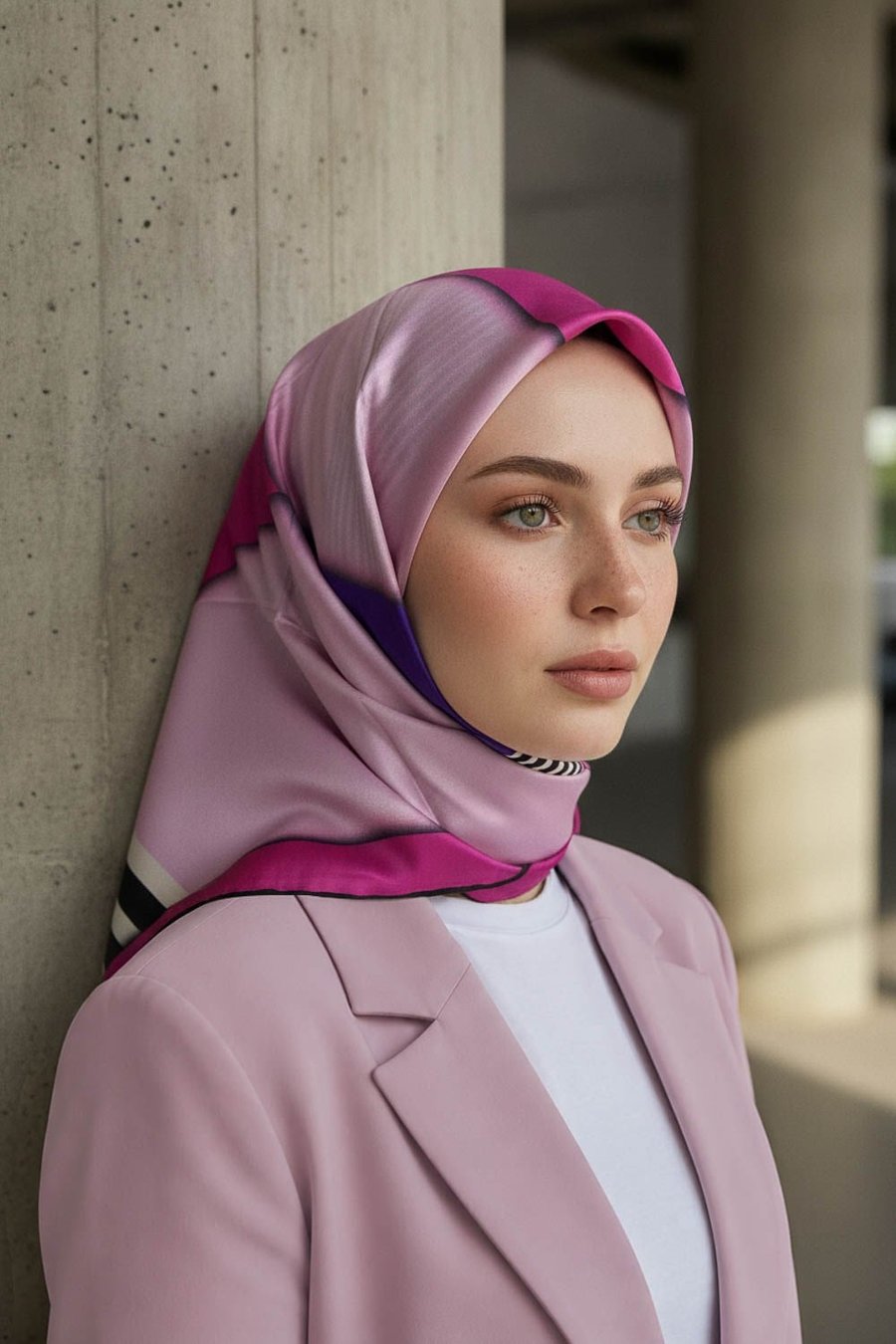 %100 Twill İpek Çizgili ve Geometrik Desenli Fuşya - Mor Renkli 90x90 Eşarp Dikim Şekli : El Dikişi