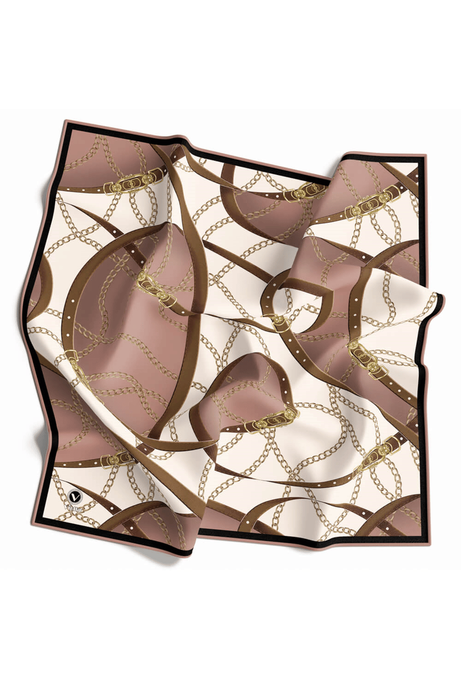 Twill Kemer ve Zincir Desenli Pudra Renkli 90x90 Eşarp (İpek İçermez) Kenar Dikiş Şekli El Dikişli