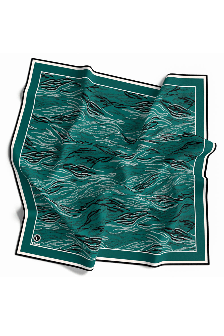 Twill Soyut Çizgi Desenli Petrol Yeşili Renkli 90x90 Eşarp (İpek İçermez) Kenar Dikiş Şekli El Dikişli