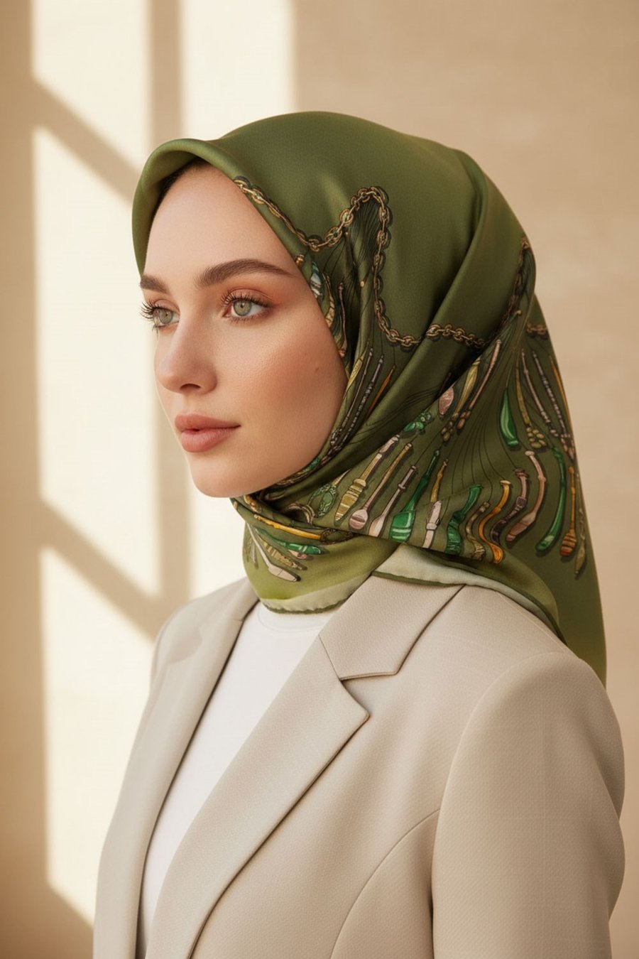 %100 Twill İpek Zincir Desenli Haki Renkli 90x90 Eşarp Dikim Şekli : El Dikişi
