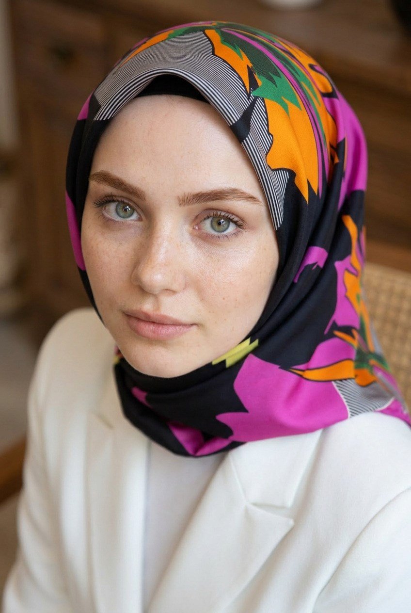 %100 Twill İpek Çiçek Desenli Siyah - Fuşya Renkli 90x90 Eşarp Dikim Şekli : El Dikişi