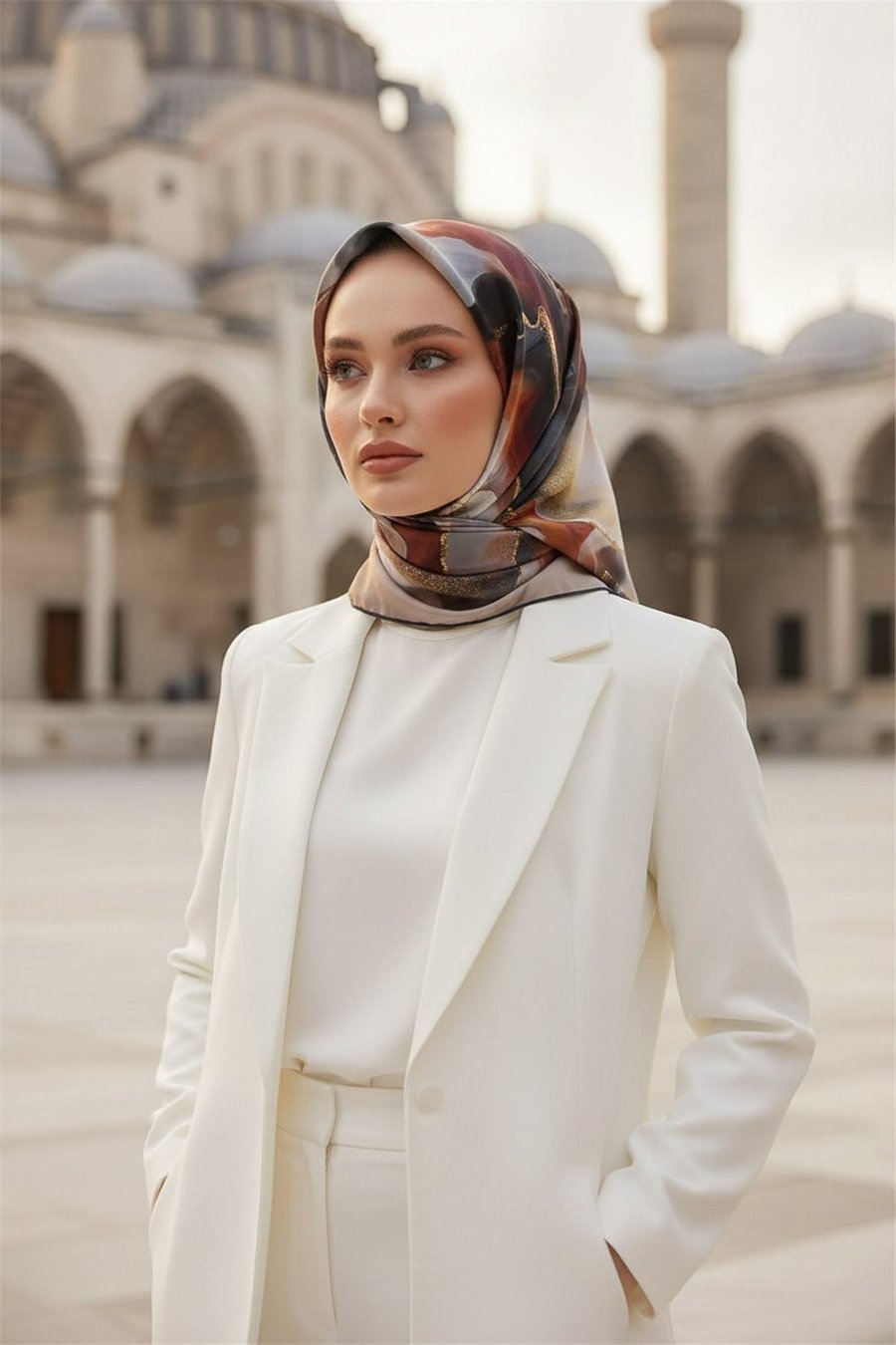 %100 Twill İpek Batik Desenli Nar Çiçeği - Petrol Yeşili Renkli 90x90 Eşarp Dikim Şekli : El Dikişi