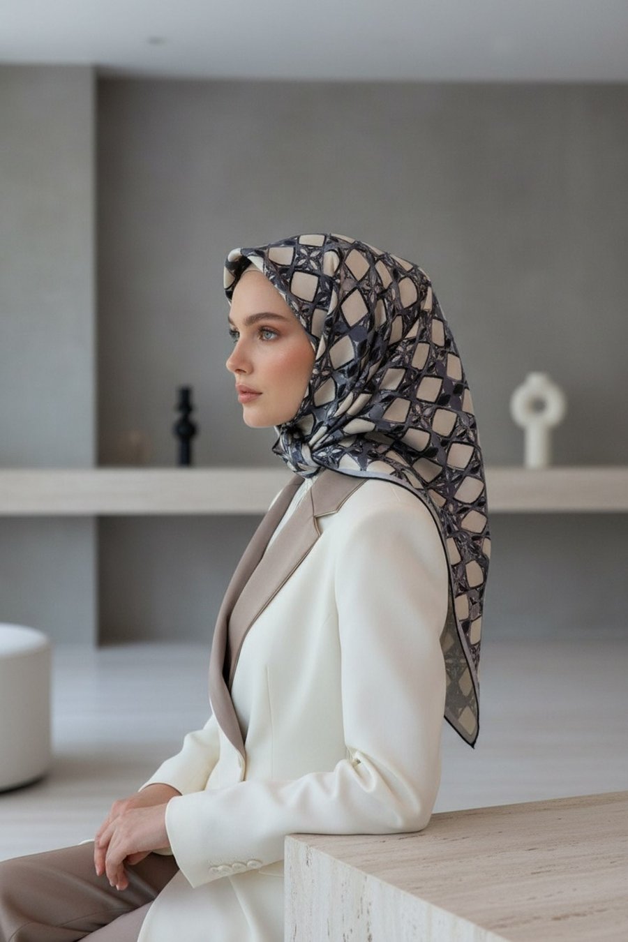 %100 Twill İpek Geometrik Desenli Krem - Gri Renkli 90x90 Eşarp Dikim Şekli : El Dikişi