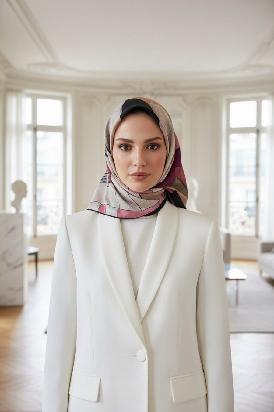 %100 Twill İpek Kazayaklı Ve Geometrik Desenli Mürdüm - Krem Renkli 90x90 Eşarp Dikim Şekli : El Dikişi