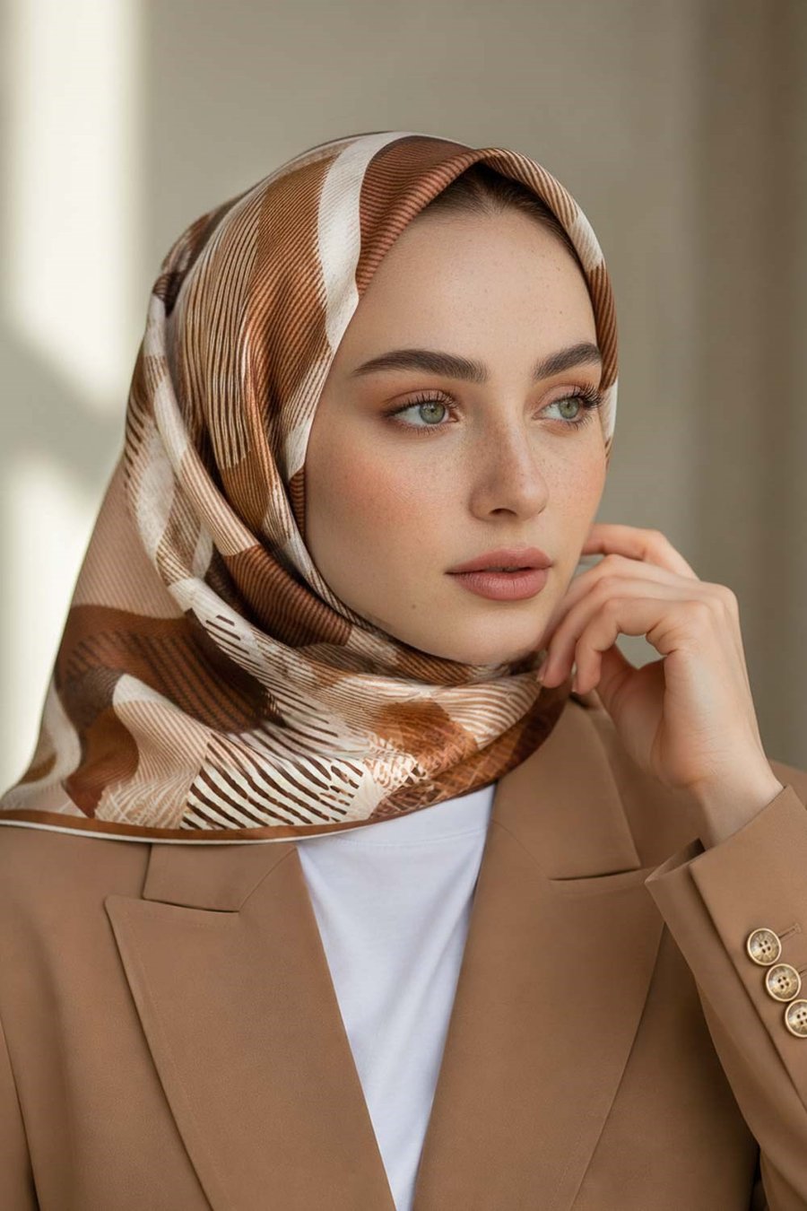 %100 Twill İpek Geometri Desenli Krem - Kahve Renkli 90x90 Eşarp Kenar Dikiş Şekli El Dikişli