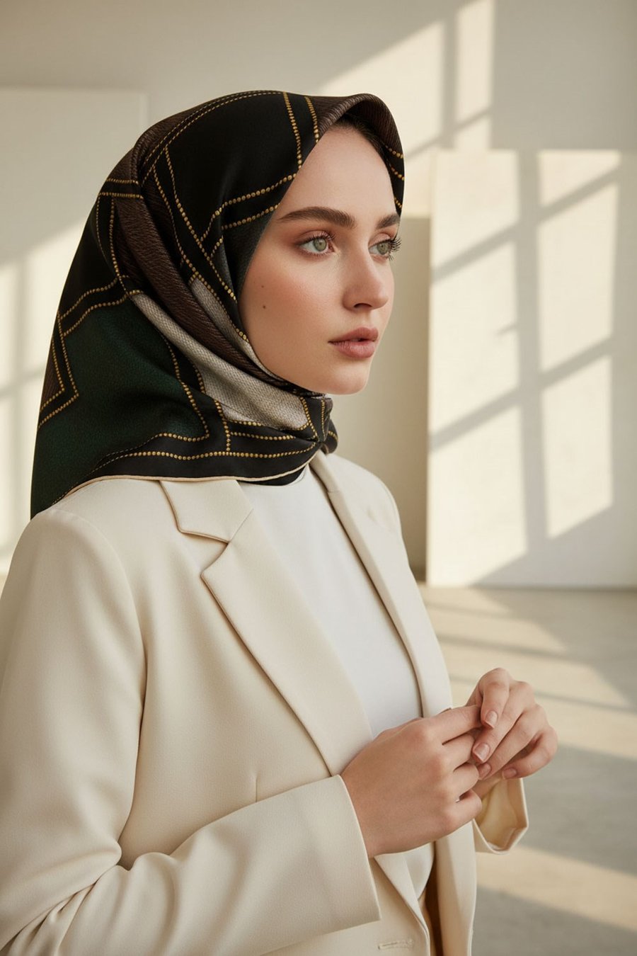 100% Twill İpek Gold Detaylı Kare Desenli Siyah - Zümrüt Yeşili Renkli 90x90 Dikim Şekli : El Dikişi
