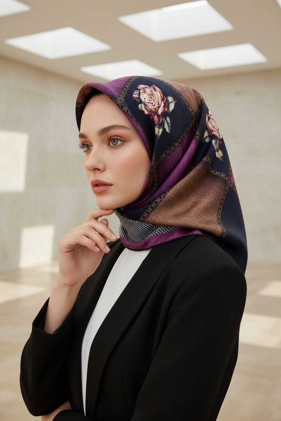%100 Twill İpek Dokulu Çiçekli Ve Geometrik Desenli Lacivert - Mürdüm Renkli 90x90 Eşarp Dikim Şekli : El Dikişi