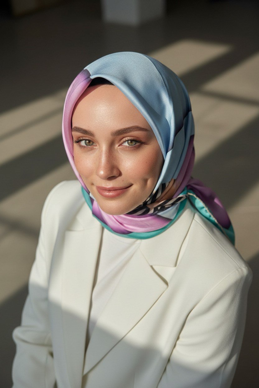 %100 Twill Renk Bloklu Çizgili Desenli Pudra - Bebe Mavisi Renkli 90x90 Eşarp Dikim Şekli: El Dikişii