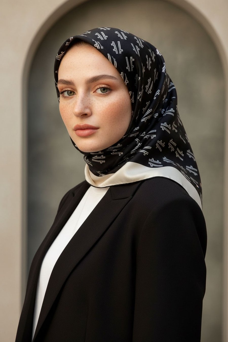 %100 Twill İpek Geometrik Desenli Siyah - Krem Renkli 90x90 Eşarp Dikim Şekli : El Dikişi
