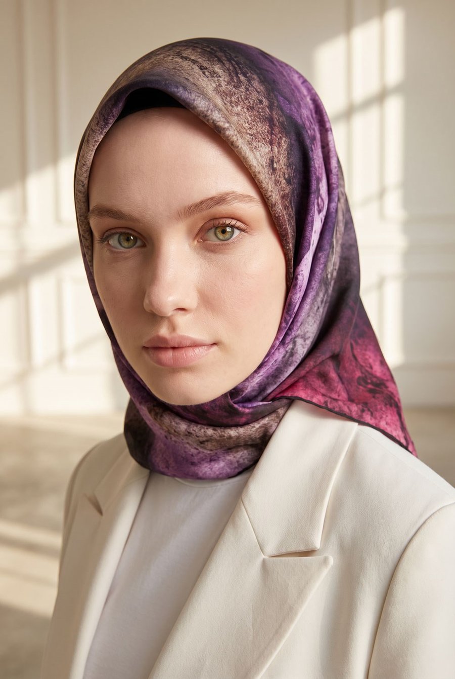 % 57 İPEK % 43 VİSKON Twill İpek Dokulu Ve Geometrik Desenli Mürdüm - Vizon Renkli 90x90 Eşarp Dikim Şekli : El Dikişi