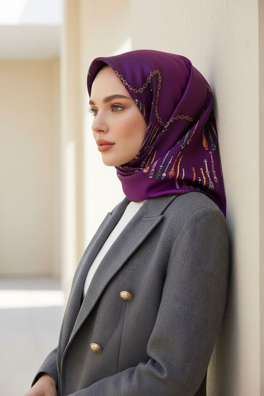 %100 Twill İpek Zincir Desenli Mürdüm Renkli 90x90 Eşarp Dikim Şekli : El Dikişi