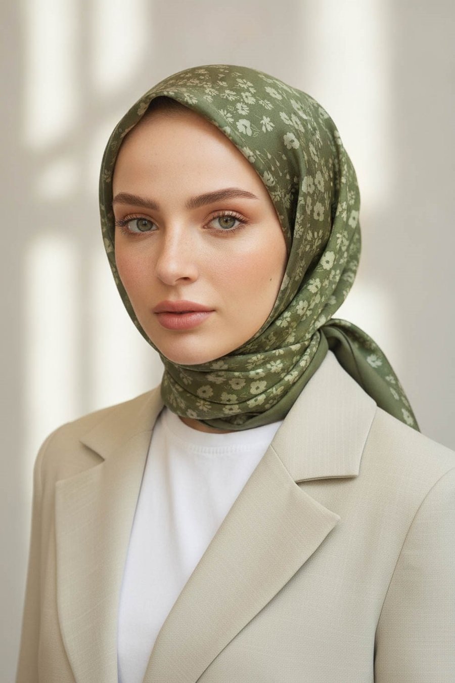 %100 Twill İpek Çıtır Çiçek Desenli Haki Renkli 90x90 Eşarp Dikim Şekli : El Dikişi