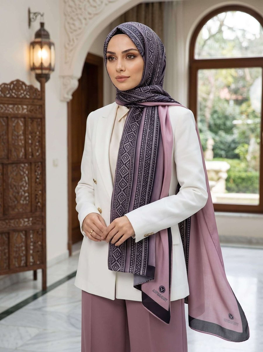 %100 Saf İpek Şal İnce Saten Vual Dokuma Etnik Desenli Gül Kurusu - Gri Renkli 90x210 Şal