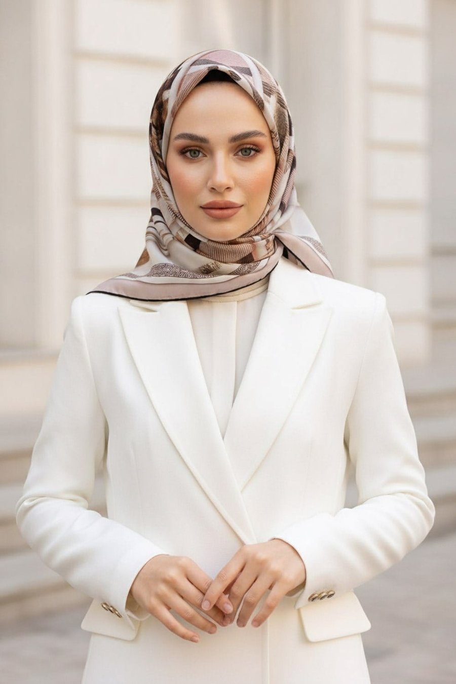 %100 Twill İpek Ekose Desenli Pudra - Gri Renkli 90x90 Eşarp Dikim Şekli : El Dikişi
