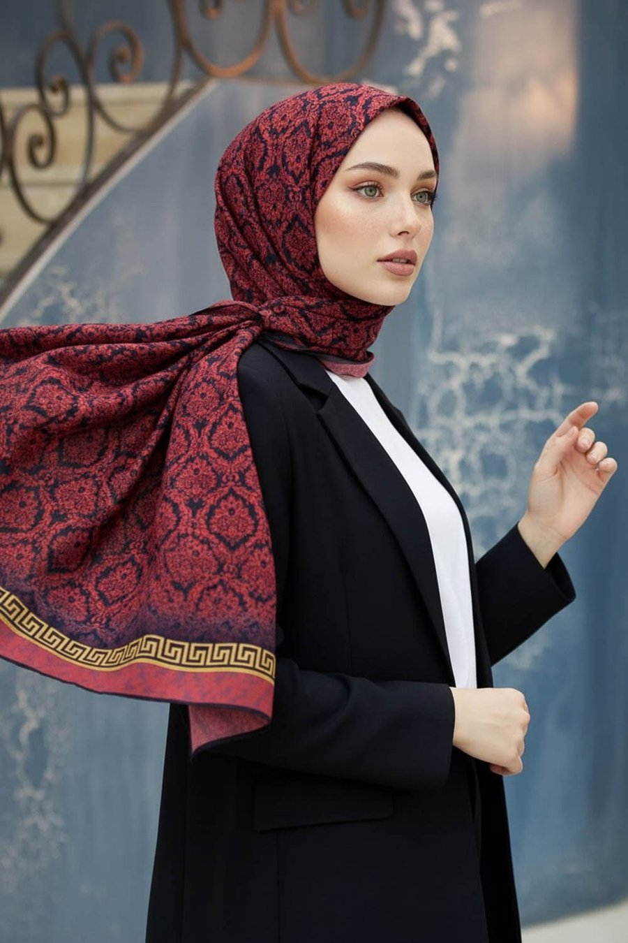 KREP GOLD DETAYLI BAROK DESENLİ BORDO RENKLİ 75X195 KIRIŞMAZ ŞAL