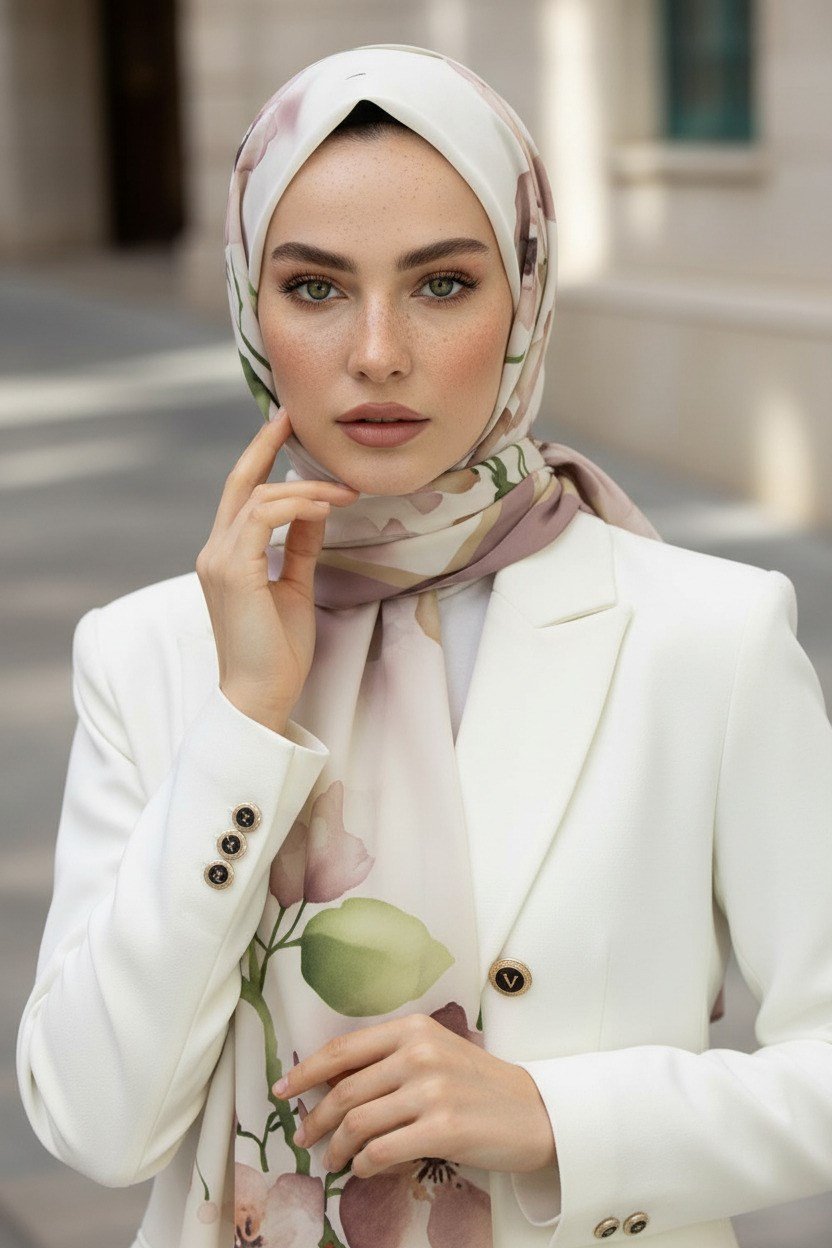 KREP ÇİÇEK DESENLİ PUDRA RENKLİ 75X195 KIRIŞMAZ ŞAL