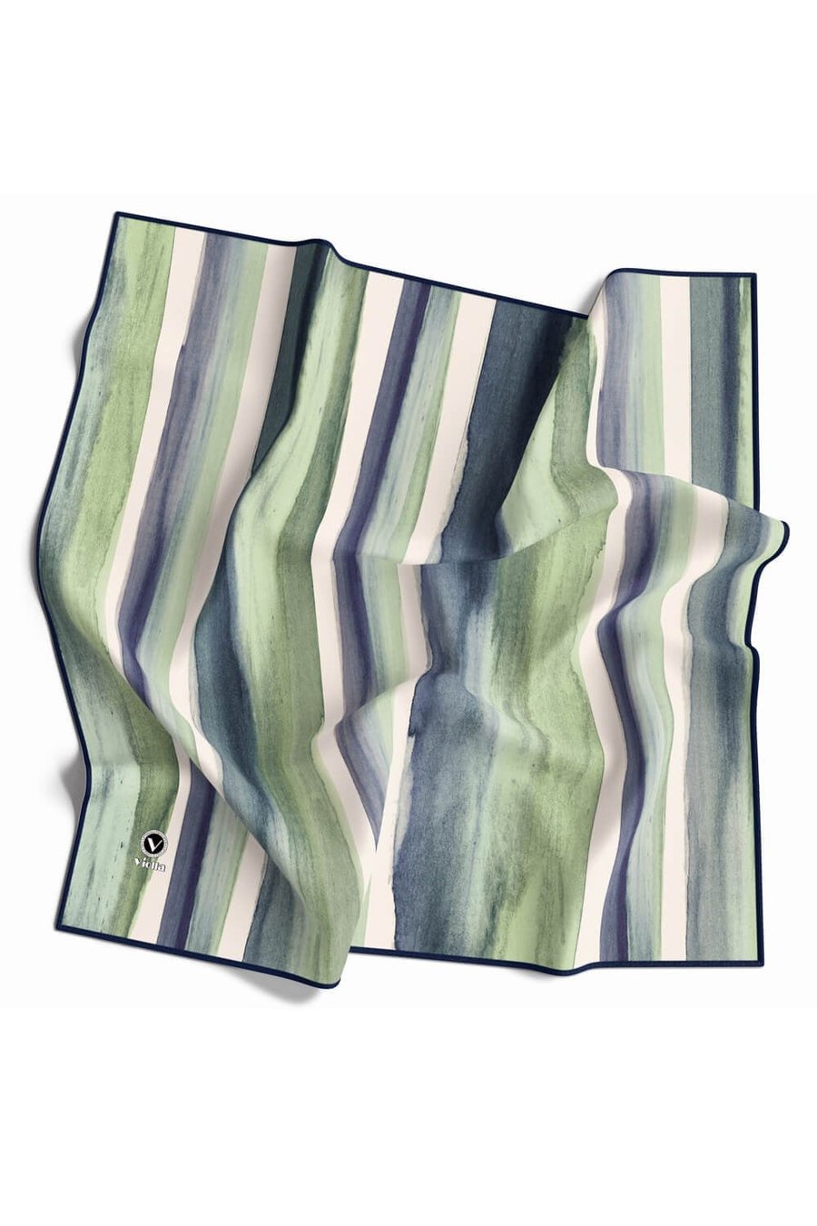 Twill Suluboya Çizgi Desenli Lacivert - Su Yeşili Renkli 90x90 Eşarp (İpek İçermez) Kenar Dikiş Şekli El Dikişli