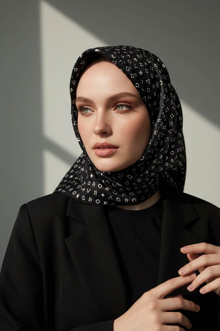 %100 Twill İpek Çıtır Motif Desenli Siyah - Krem Renkli 90x90 Eşarp Dikim Şekli : El Dikişi
