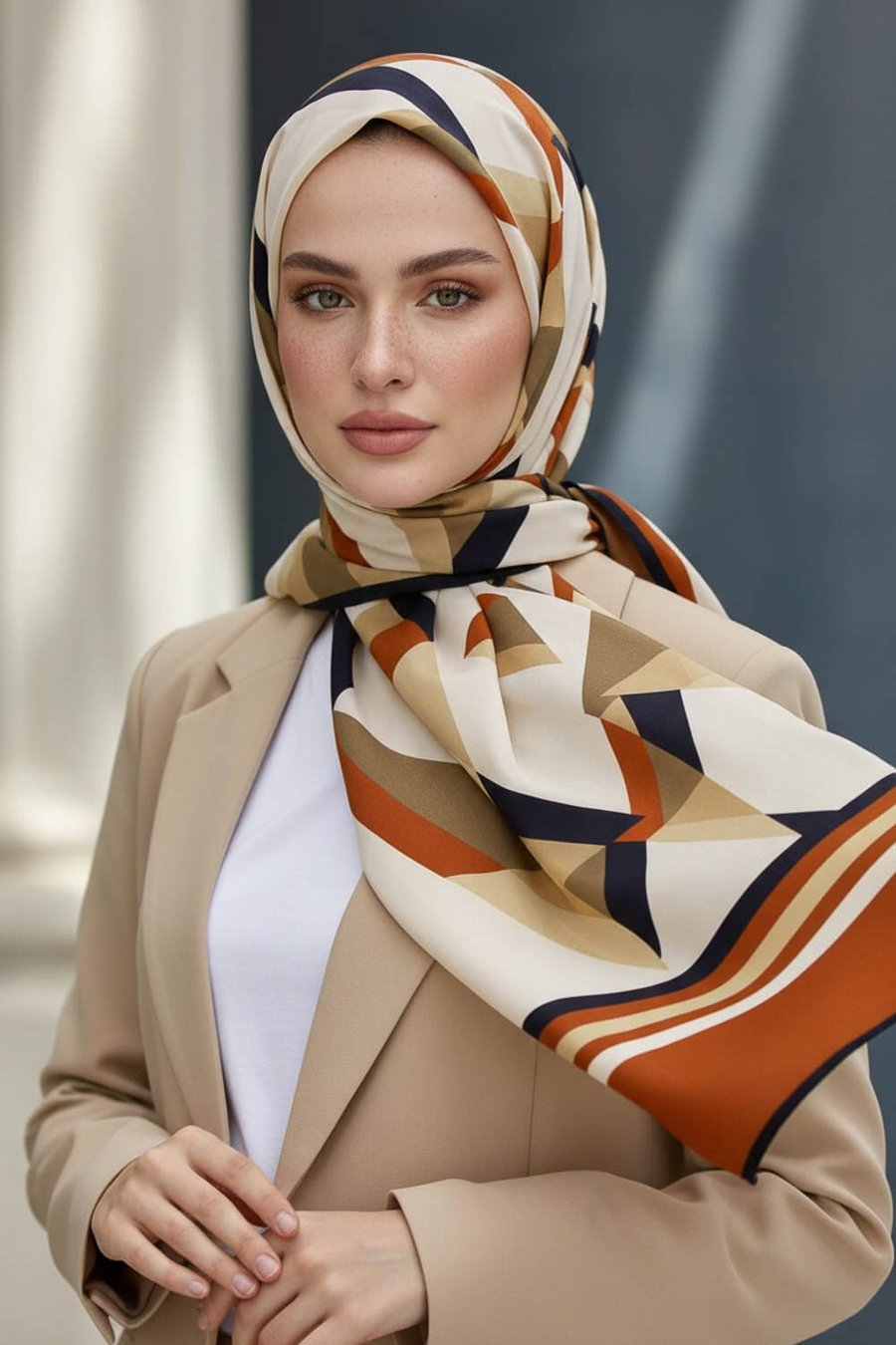 KREP GEOMETRİK DESENLİ TABA RENKLİ 75X195 KIRIŞMAZ ŞAL