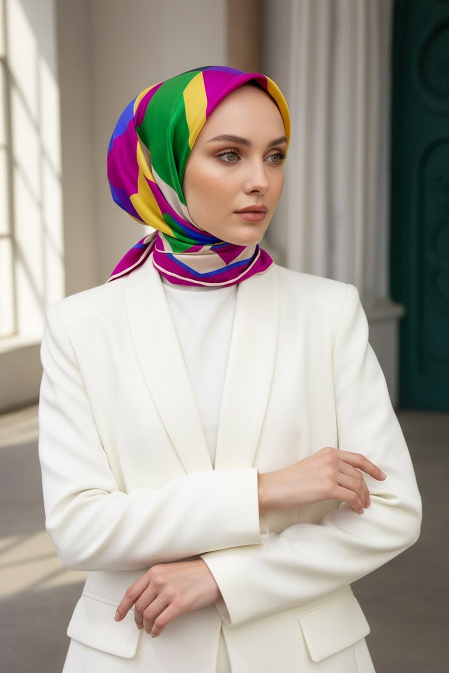 %100 Twill Renk Bloklu Çizgili Desenli Fuşya - Saks Renkli 90x90 Eşarp Dikim Şekli: El Dikişii