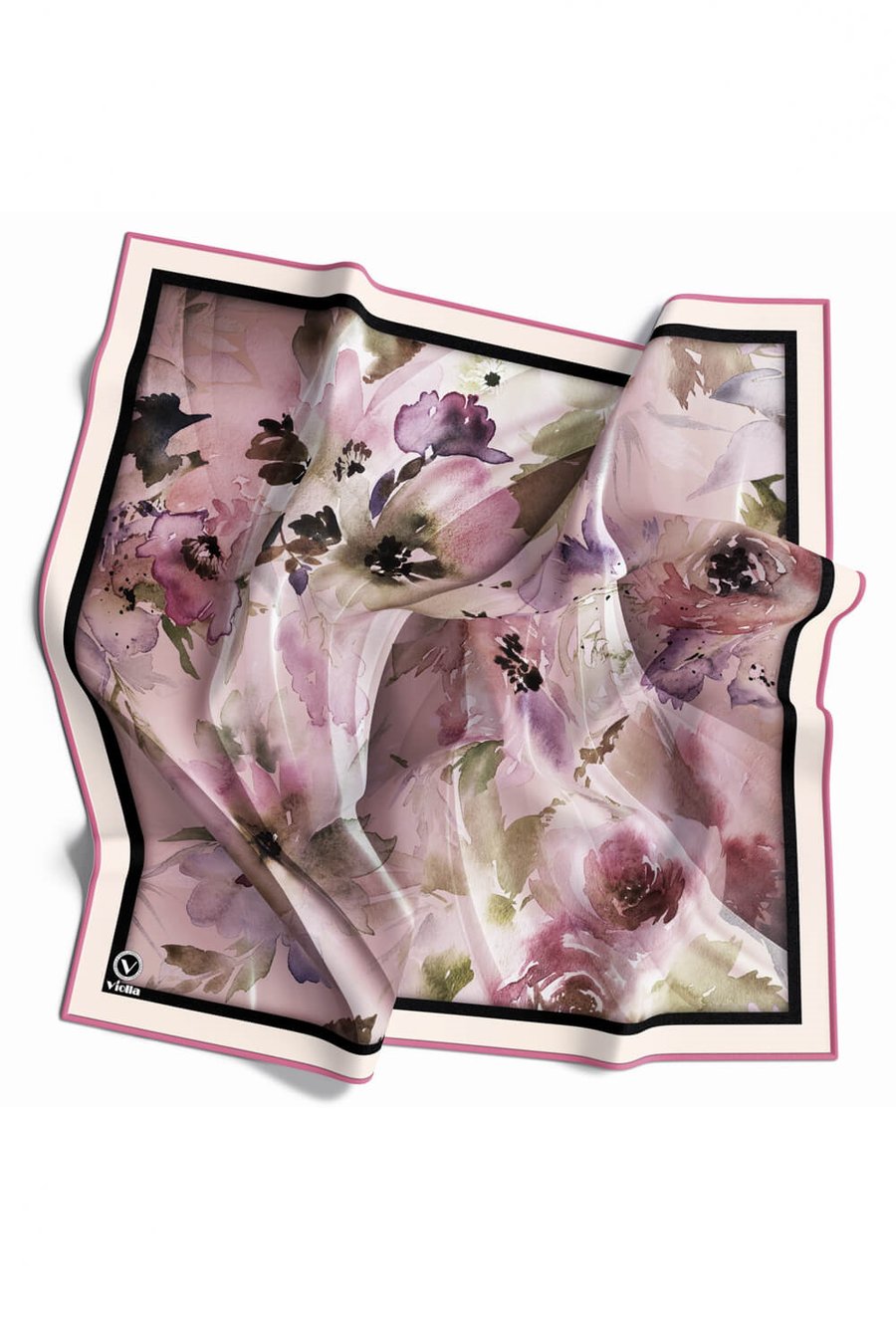Rayon Sulu Boyalı Çiçek Desenli Pembe Renkli 90x90 Eşarp (İpek İçermez) Kenar Dikiş Şekli El Dikişli
