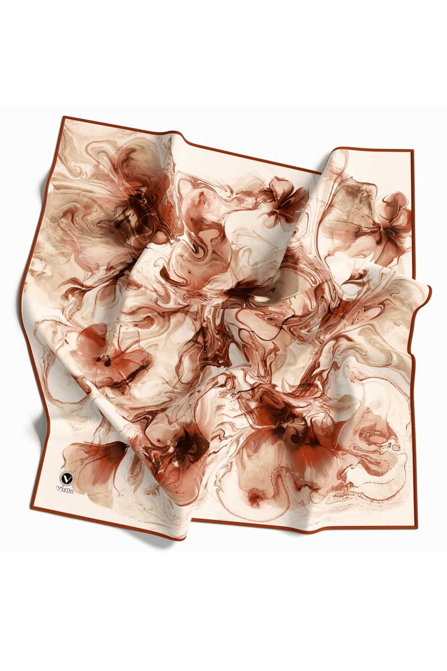 Twill Soyut Desenli Taba Renkli 90x90 Eşarp (İpek İçermez) Kenar Dikiş Şekli El Dikişli