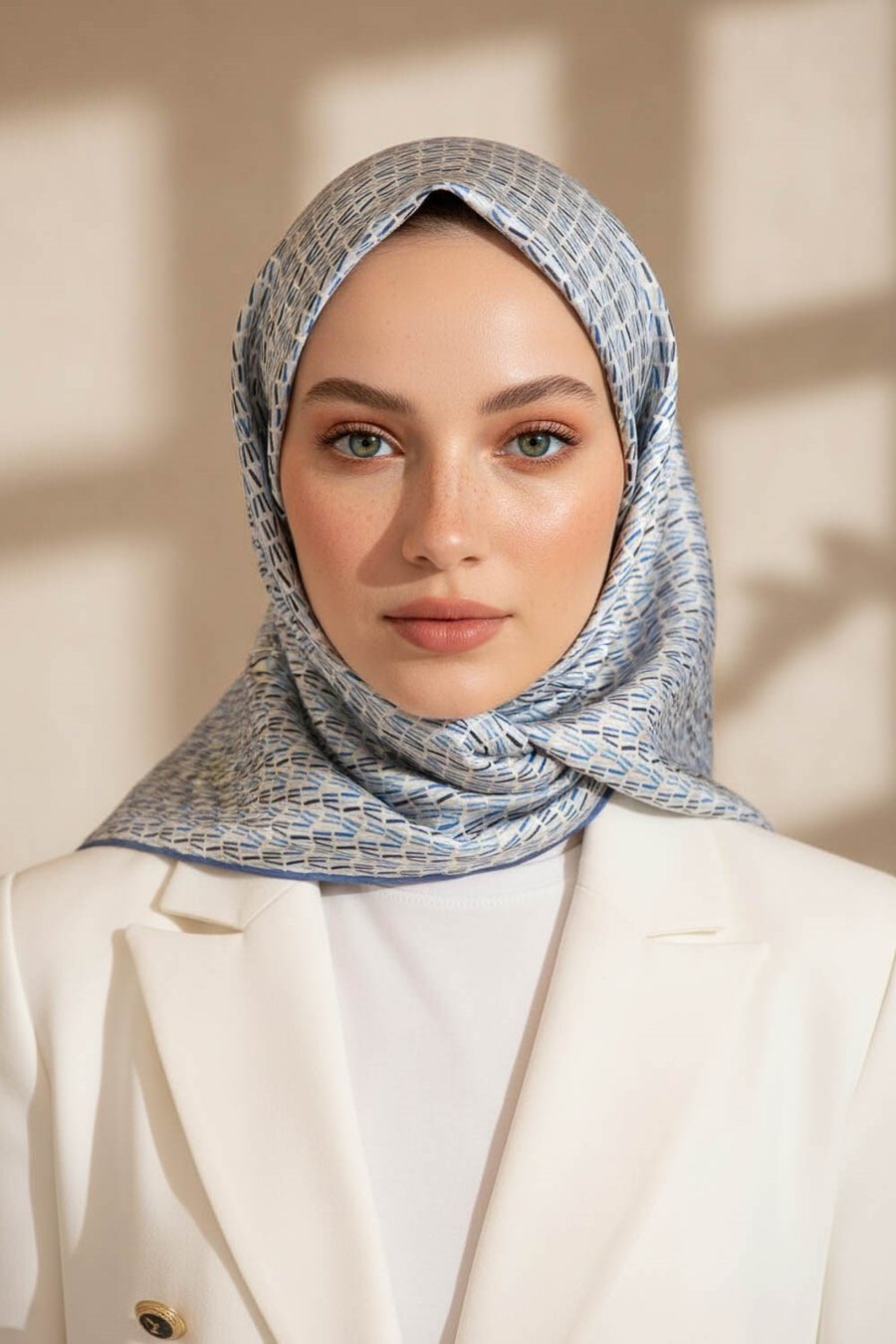 %100 Twill İpek Çizgi Desenli İndigo - Gri Renkli 90x90 Eşarp Dikim Şekli : El Dikişi