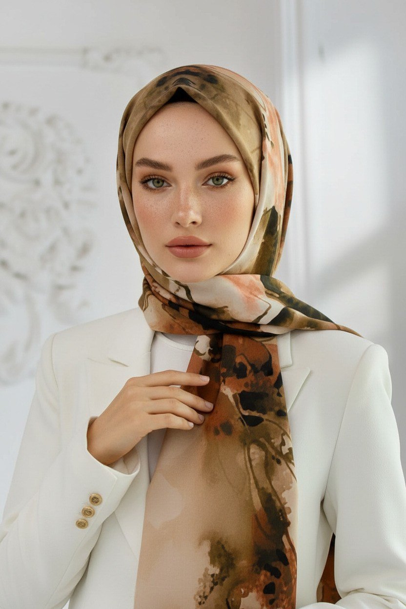 KREP SULU BOYA YAPRAK DESENLİ VİZON RENKLİ 75X195 KIRIŞMAZ ŞAL