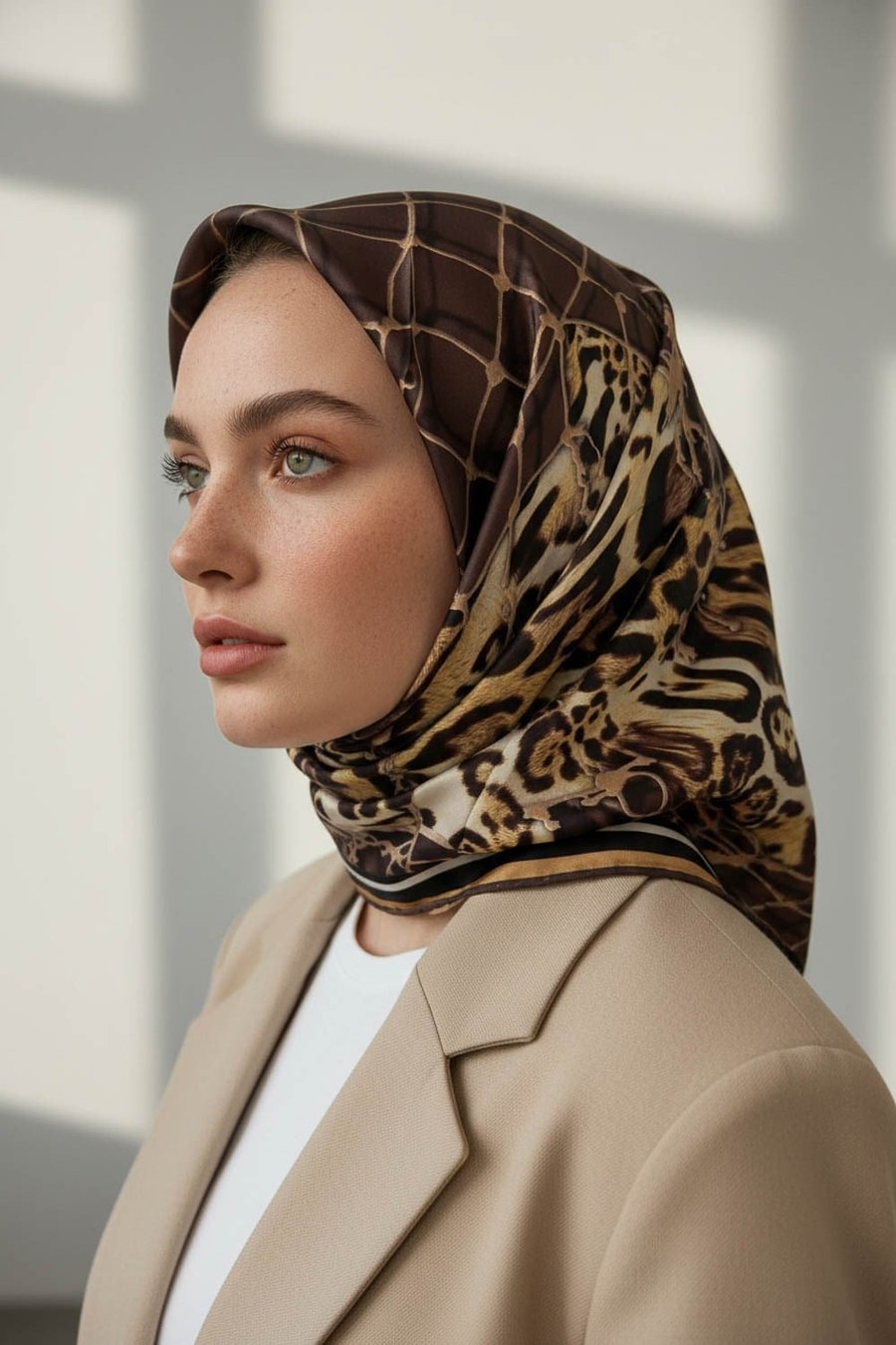 %100 Twill İpek Leopar Desenli Sütlükahverengi Renkli 90x90 Eşarp Dikim Şekli : El Dikişi