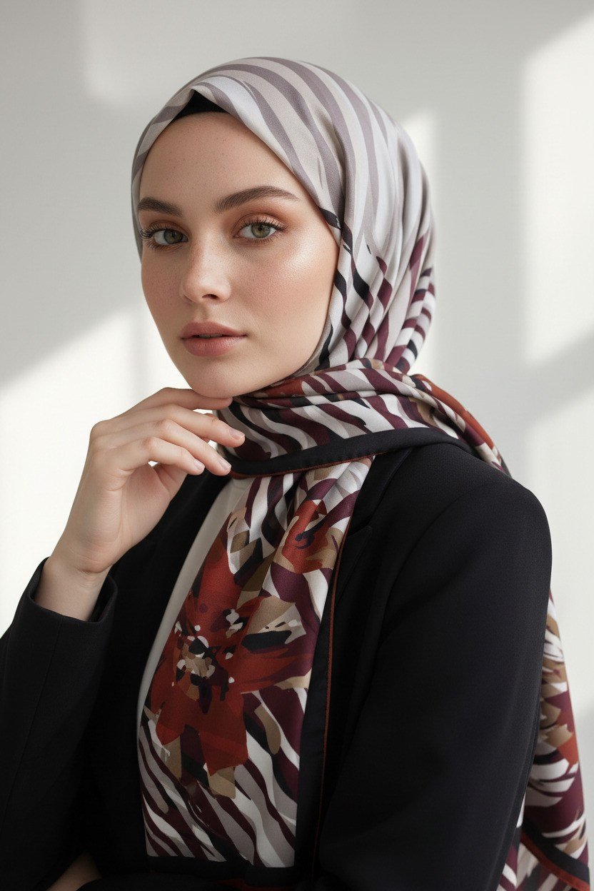 KREP ZEBRA VE ÇİÇEK DESENLİ BORDO RENKLİ 75X195 KIRIŞMAZ ŞAL