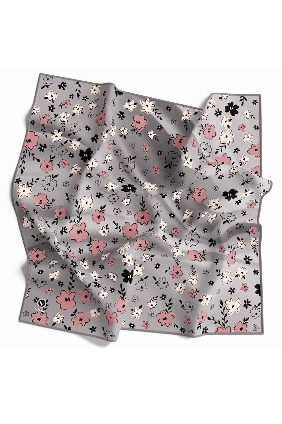 Rayon Papatya Desenli Gri Renkli 90x90 Eşarp (İpek İçermez) Kenar Dikiş Şekli El Dikişli