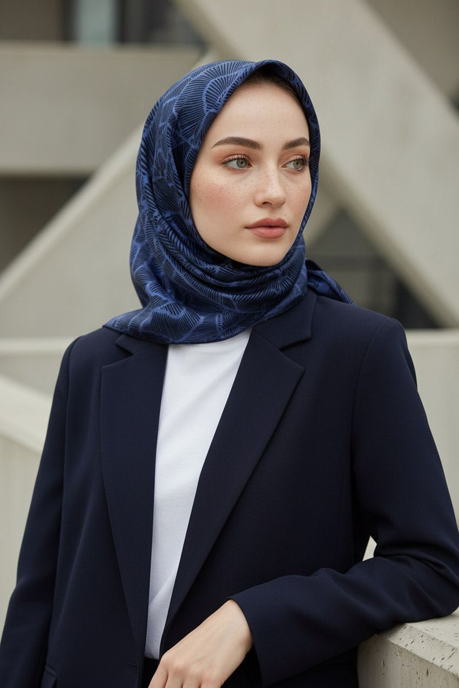 %100 Twill İpek Geometrik Desenli İndigo - Lacivert Renkli 90x90 Eşarp Dikim Şekli : El Dikişi