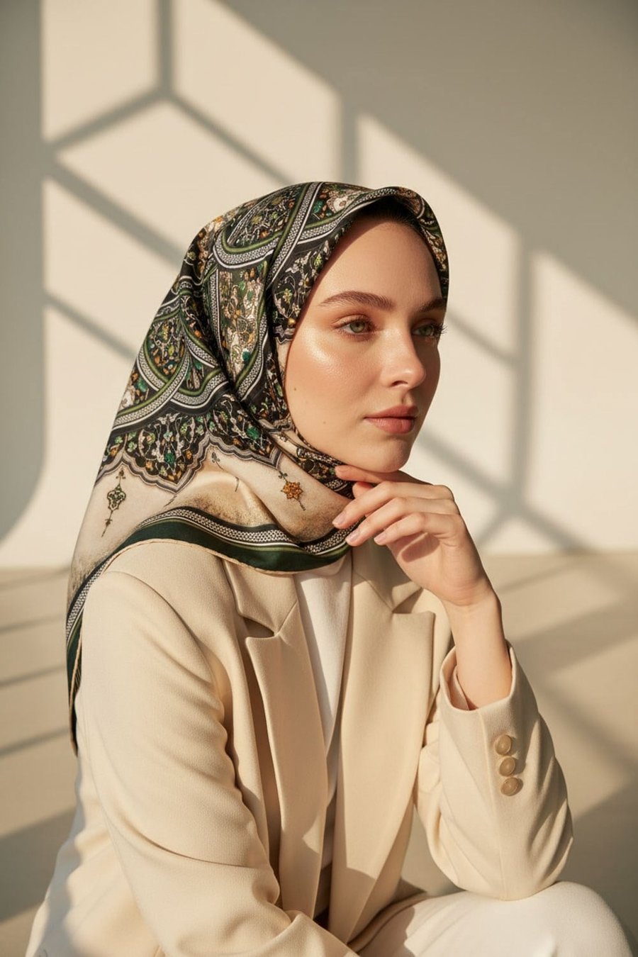%100 Twill İpek Şal Desenli Siyah - Zümrüt Yeşili Renkli 90x90 Eşarp Dikim Şekli : El Dikişi