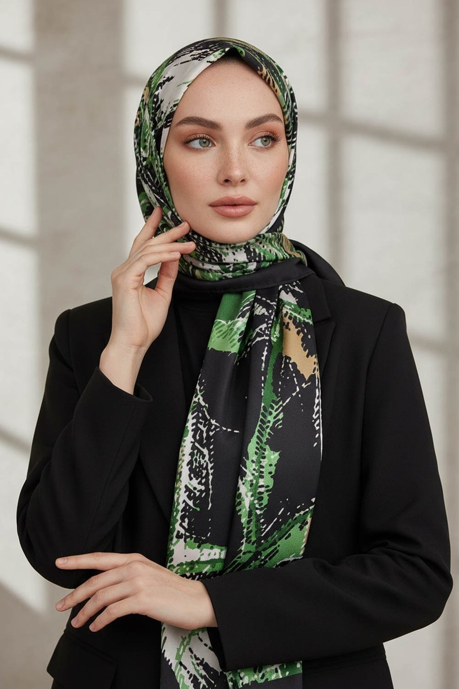 KREP DEGRADELİ ÇİZGİ DESENLİ ZÜMRÜT YEŞİLİ RENKLİ 75X195 KIRIŞMAZ ŞAL