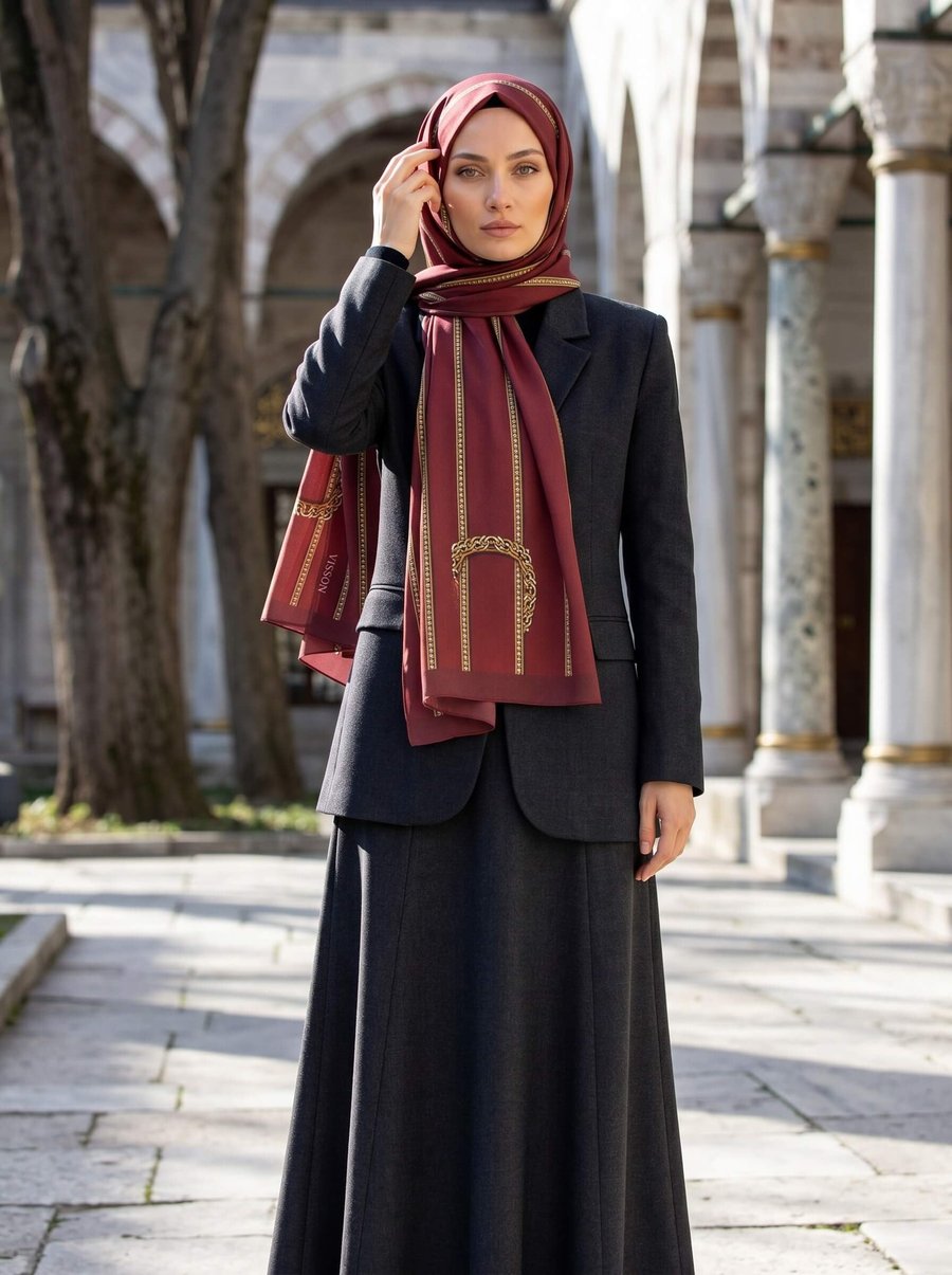 KREP ZİNCİR DESENLİ BORDO RENKLİ 75X195 KIRIŞMAZ ŞAL