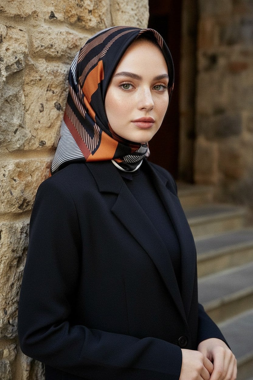 %100 Twill İpek Geometrik Desenli Taba - Siyah Renkli 90x90 Eşarp Dikim Şekli : El Dikişi