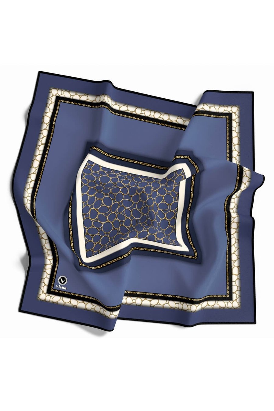 Twill Zincir Desenli İndigo Renkli 90x90 Eşarp (İpek İçermez) Kenar Dikiş Şekli El Dikişli