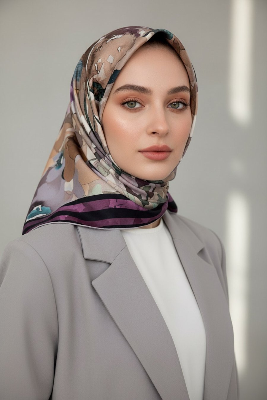 %100 Twill İpek Sulu Boyalı Çiçek Desenli Mor - Vizon Renkli 90x90 Eşarp Dikim Şekli : El Dikişi